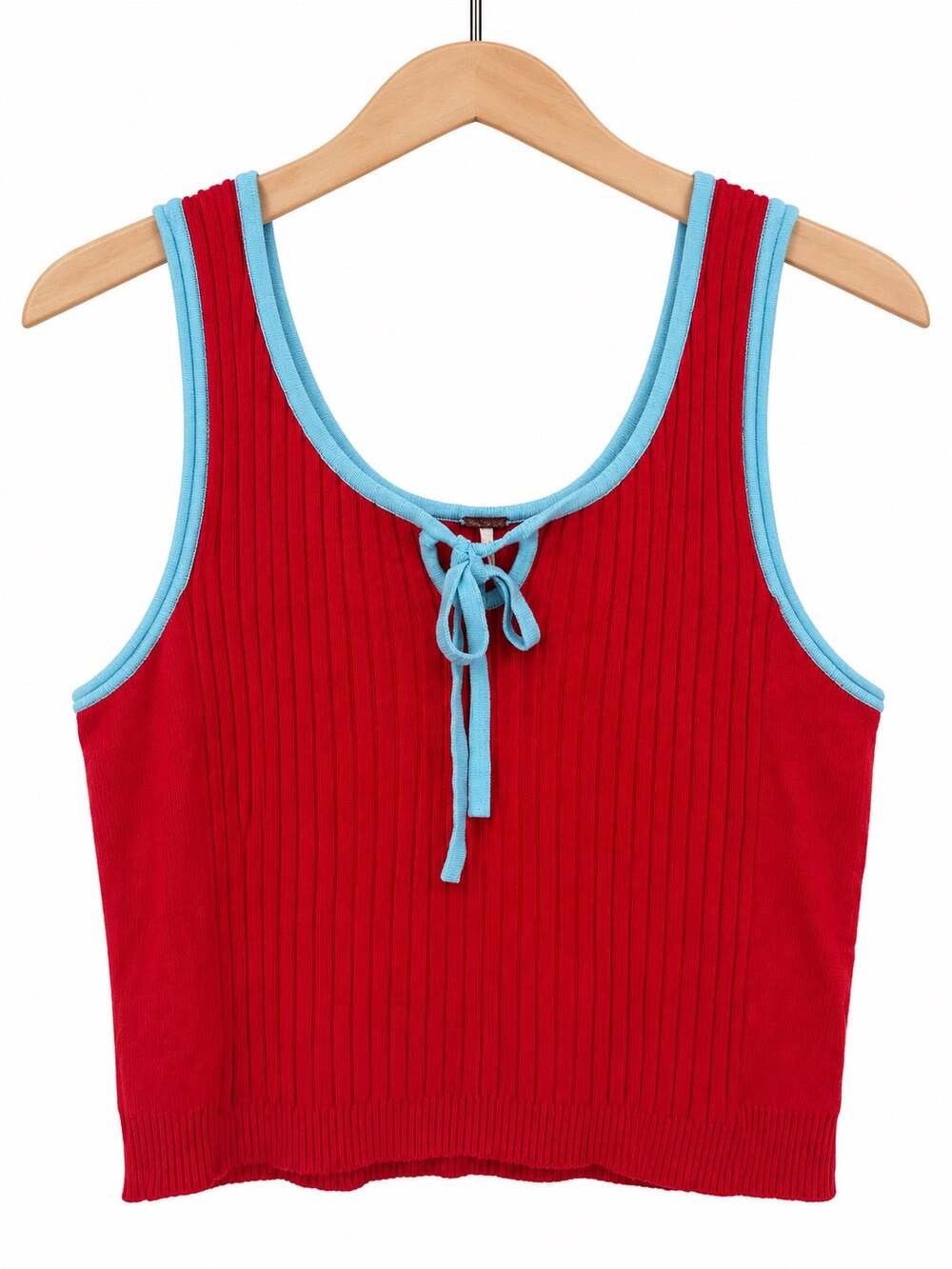 Free People Cherry Red XL Ribbed Tie Front Tank Aqua Trim Bow Keyhole Coquette